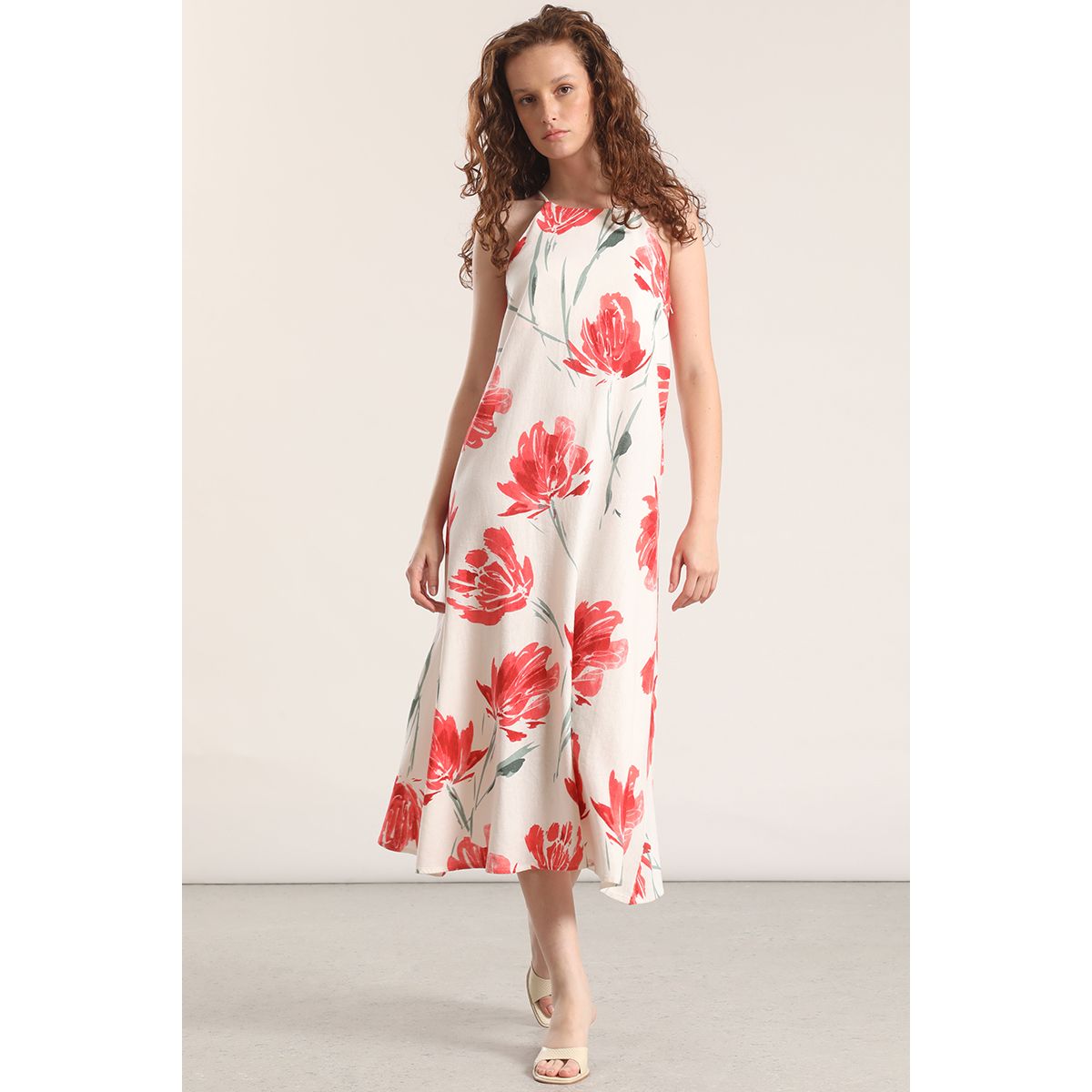 LIOLA - Vestido midi lino estampado Liola mujerrojo