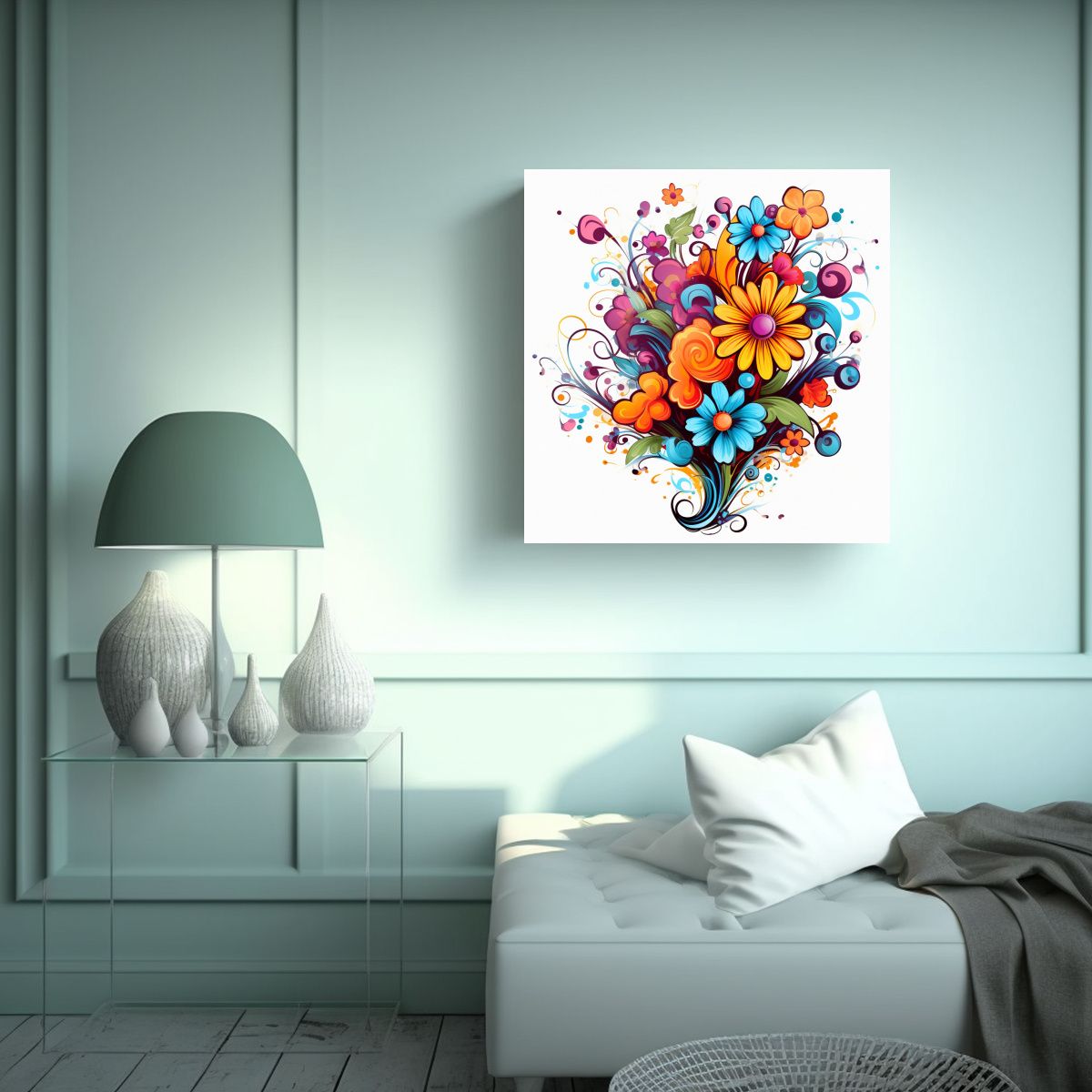 GENERICO - Composición Floral En Lienzo Tela Sublimada Arte 100x100 Cm