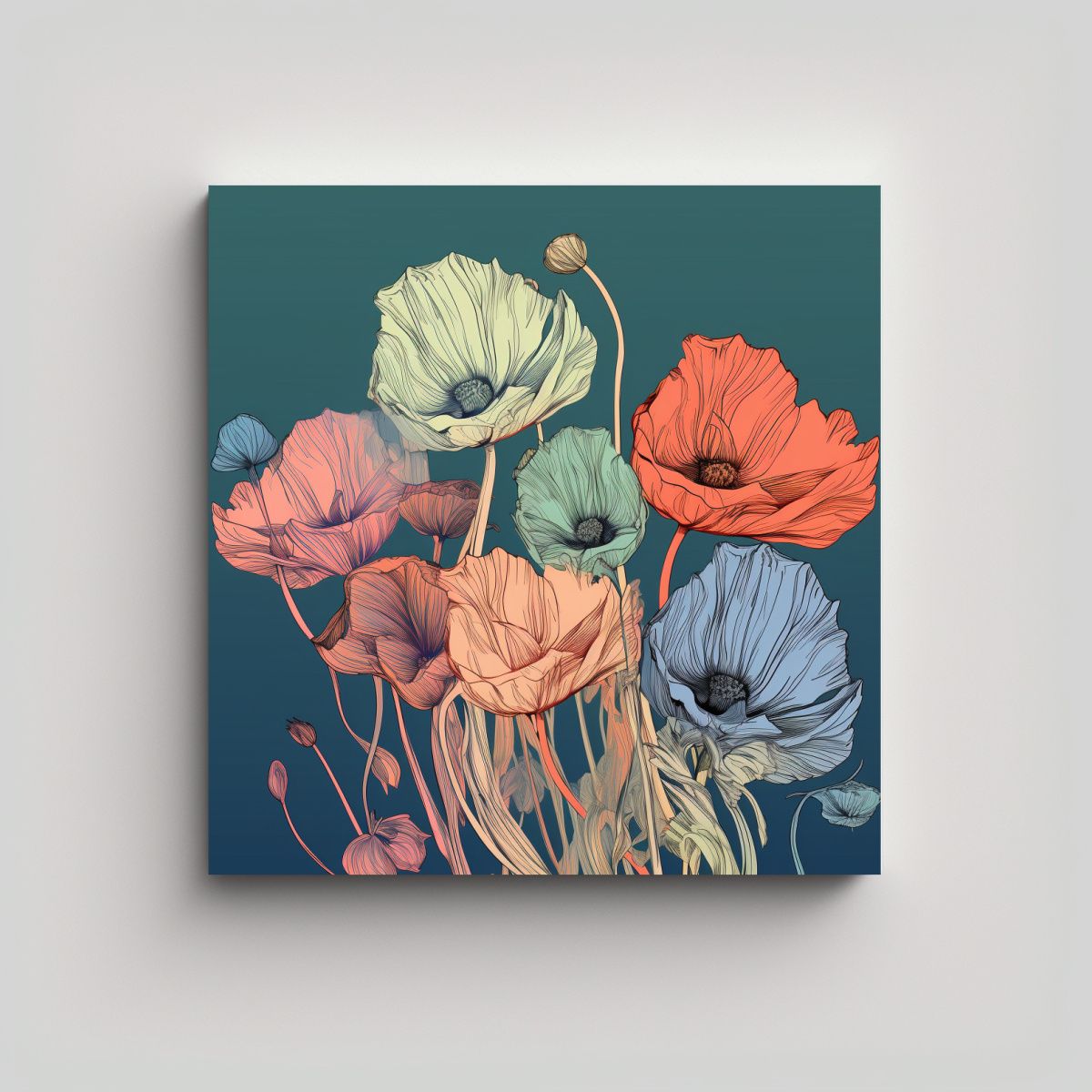 GENERICO - Arte De Línea Floral Botánica Colorida Lienzo 100x100 Cm