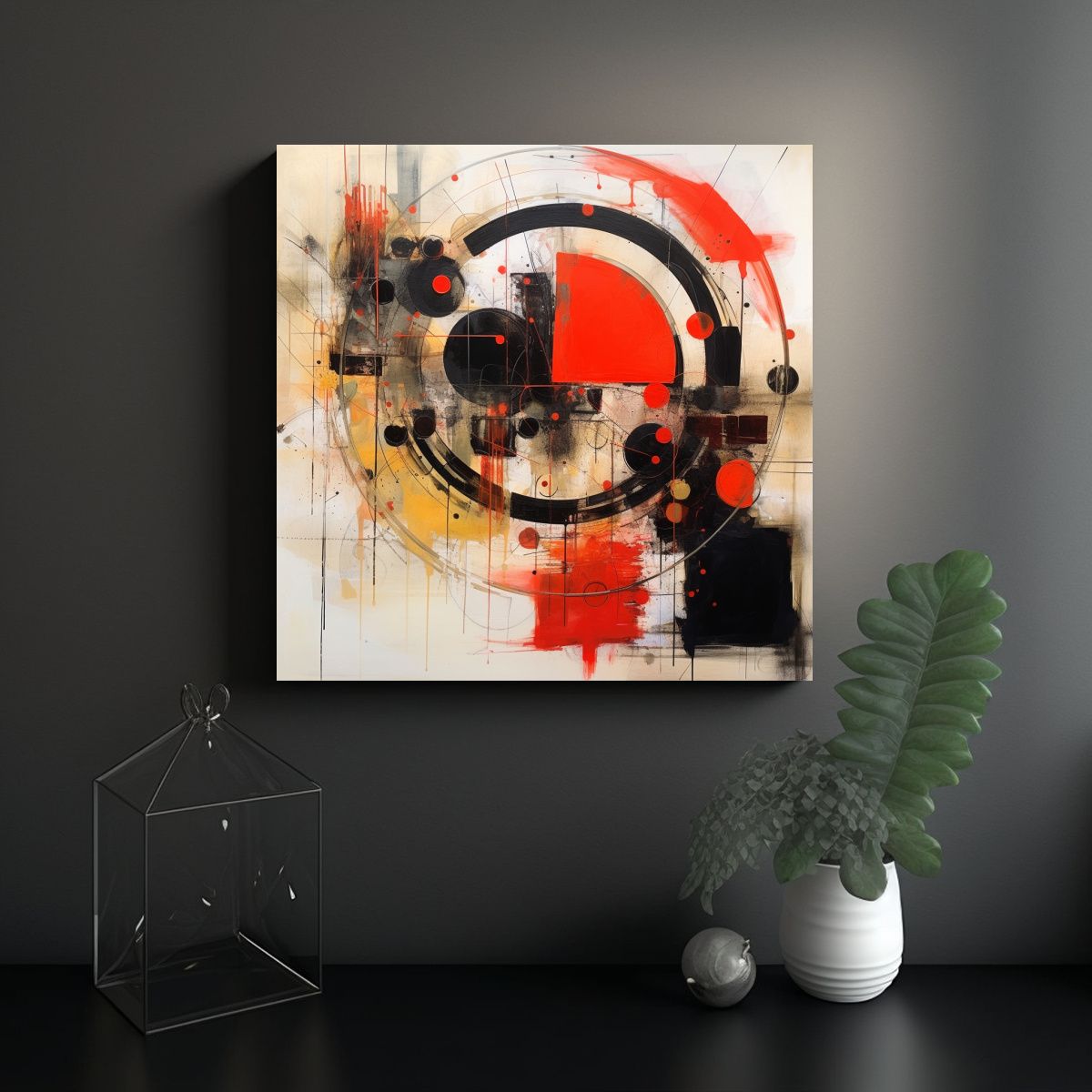 GENERICO - Pintura Abstracta Original En Negro Y Rojo Con 100x100 Cm