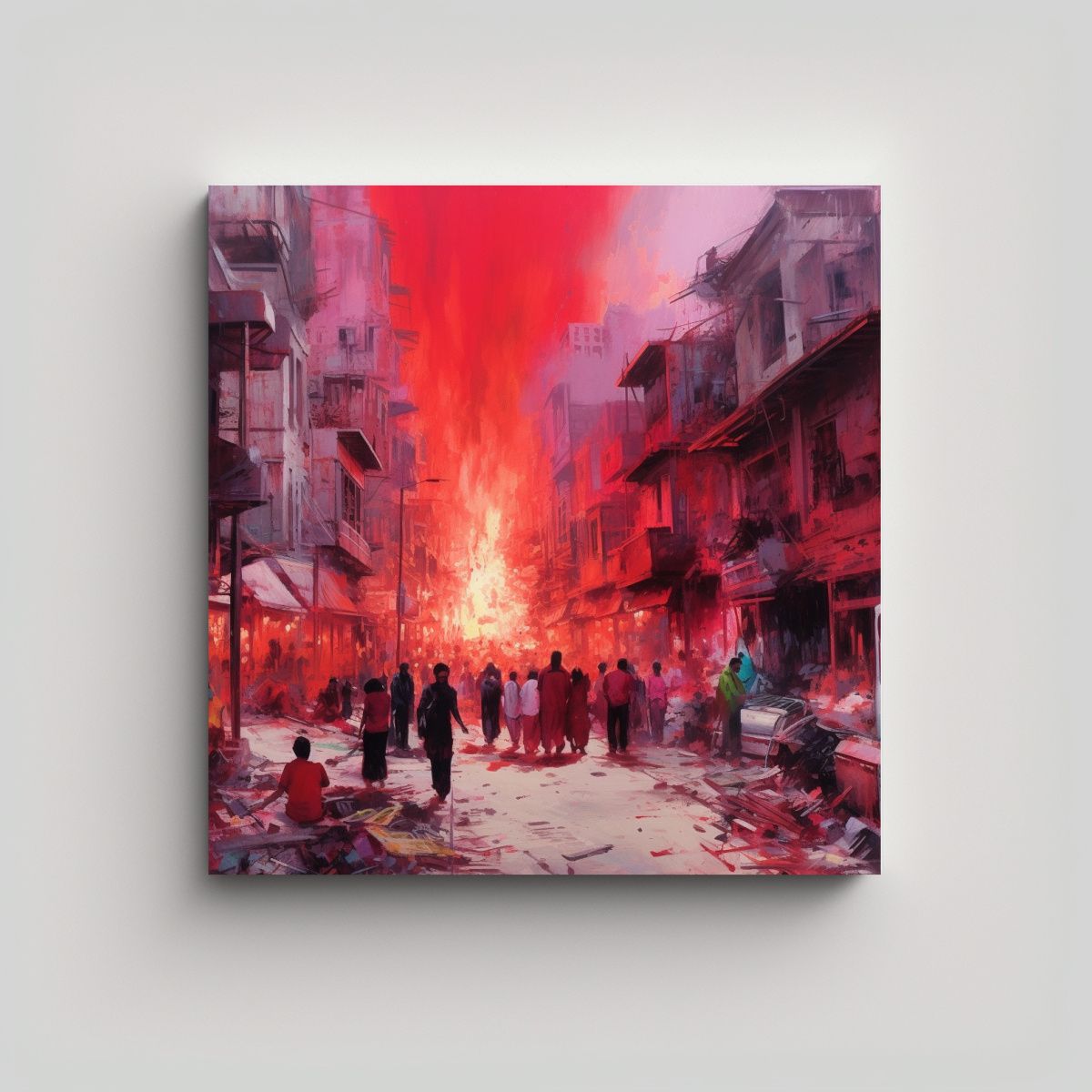 GENERICO - Paisaje Urbano En Ruinas Con Humo Rojo Brillante 100x100 Cm