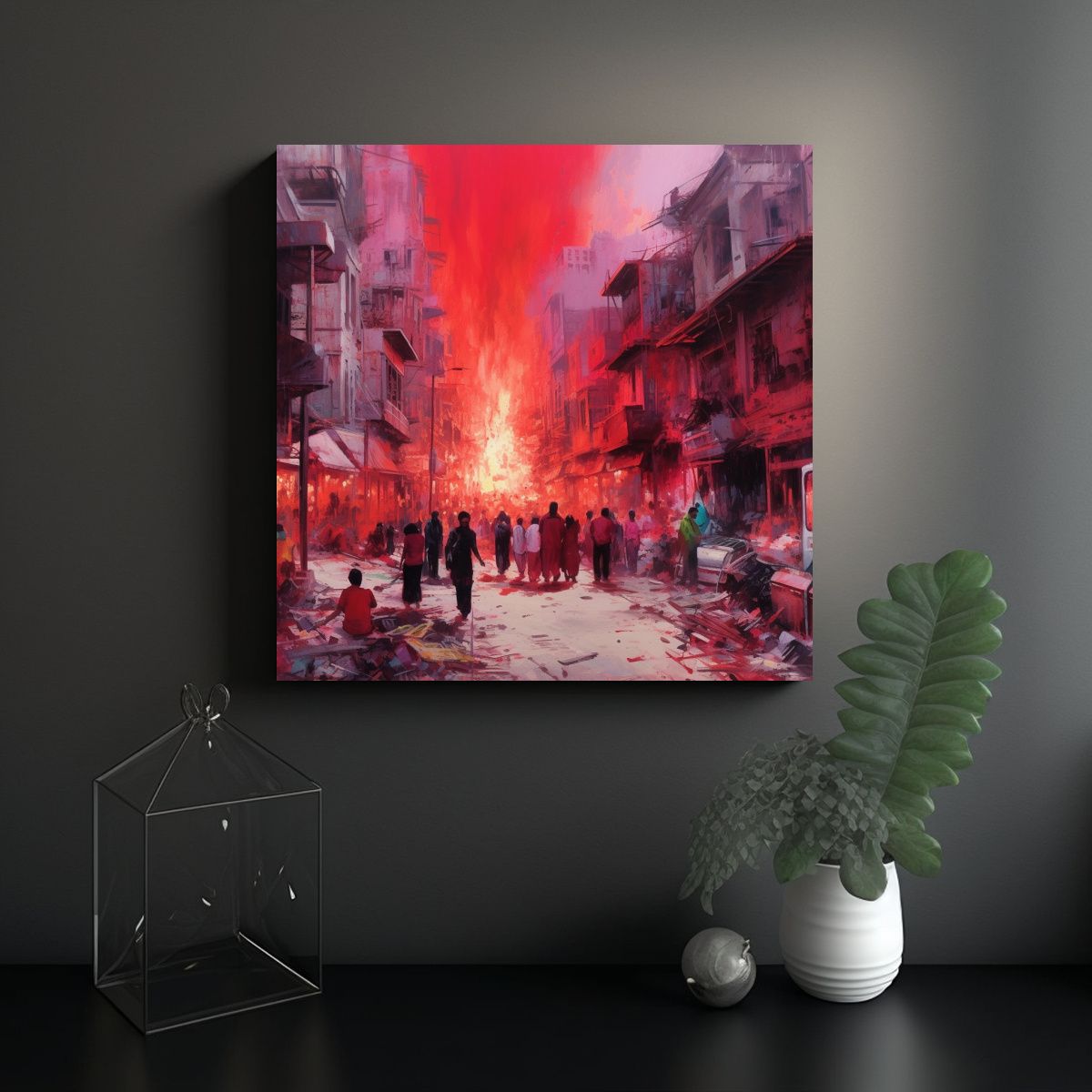 GENERICO - Paisaje Urbano En Ruinas Con Humo Rojo Brillante 100x100 Cm