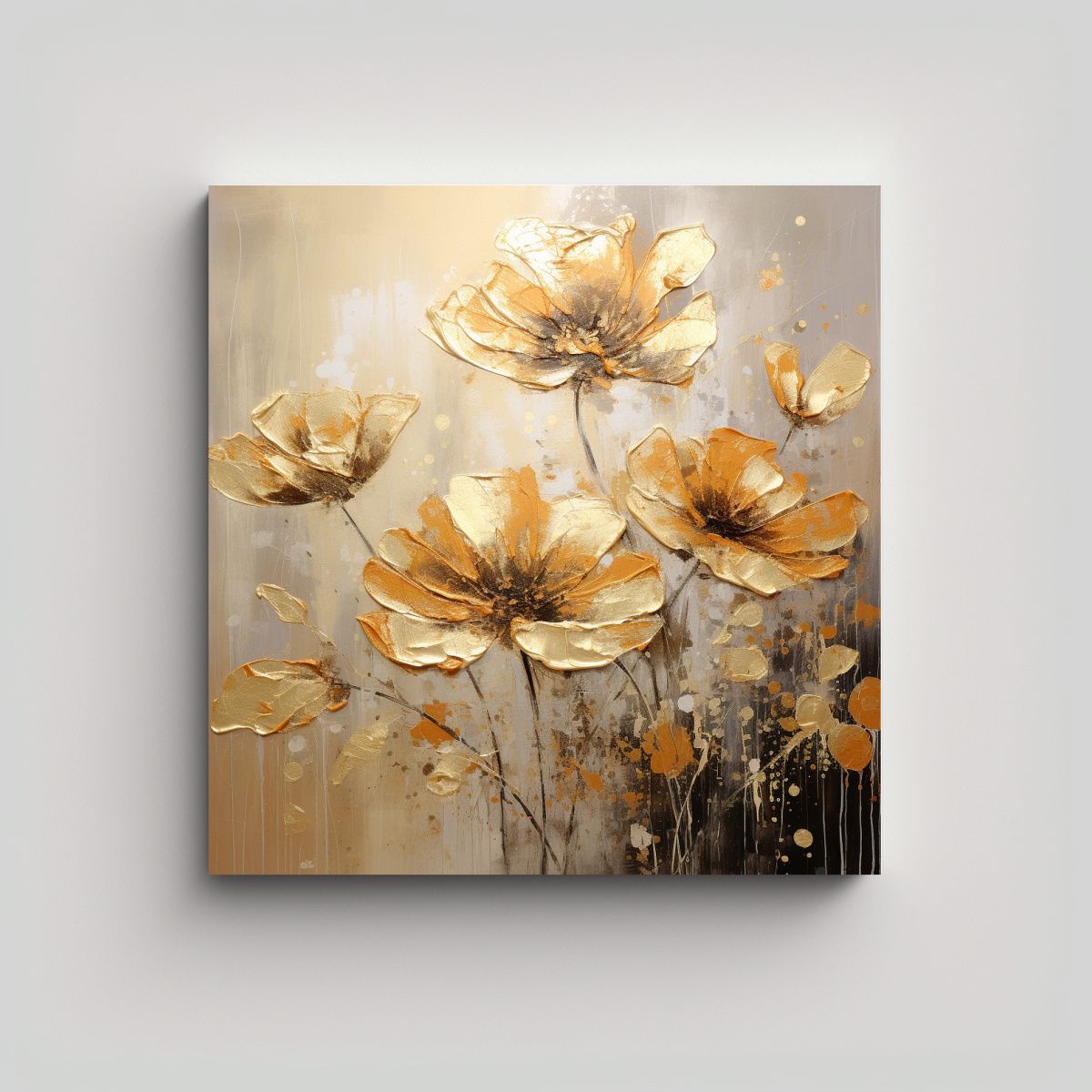 GENERICO - Pintura En Lienzo De Flores En Colores Dorados Al 100x100 Cm