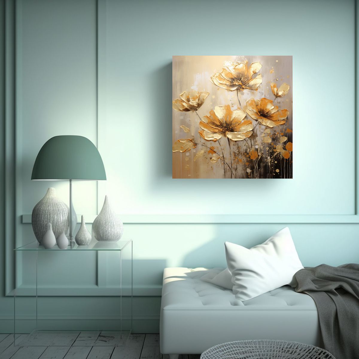 GENERICO - Pintura En Lienzo De Flores En Colores Dorados Al 100x100 Cm