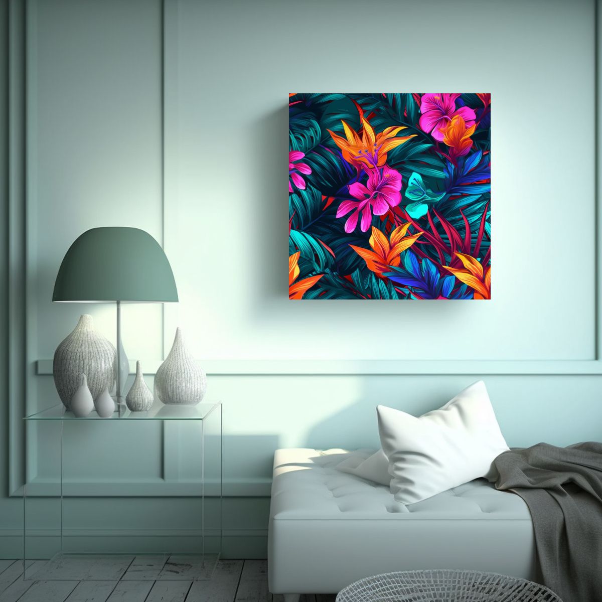 GENERICO - Tropical Clásico Lienzo Flores Y Hojas Neón 100x100 Cm