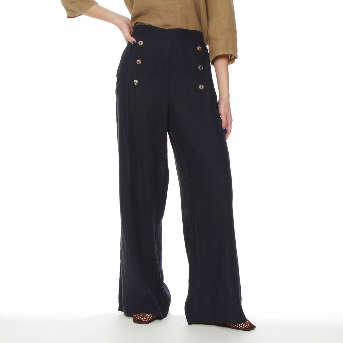 WADOS - PANTALON LINO WIDE LEG TIRO ALTO CON BOTONES EN DELANTERO