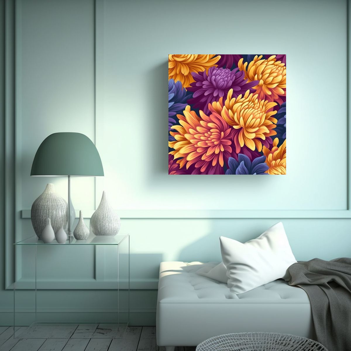 GENERICO - Bastidor Vintage Patrón Chrysanthemum Color Vivo 100x100 Cm