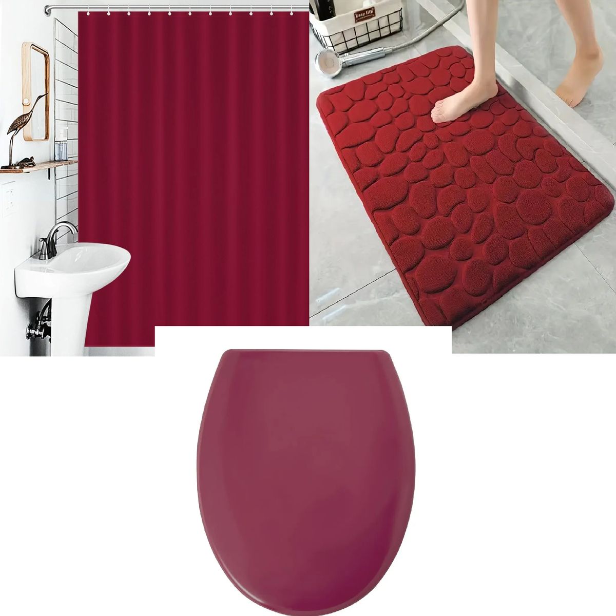 CARIBEE - Set de Baño Burdeo 3 piezas Tapa Cotina Alfombra