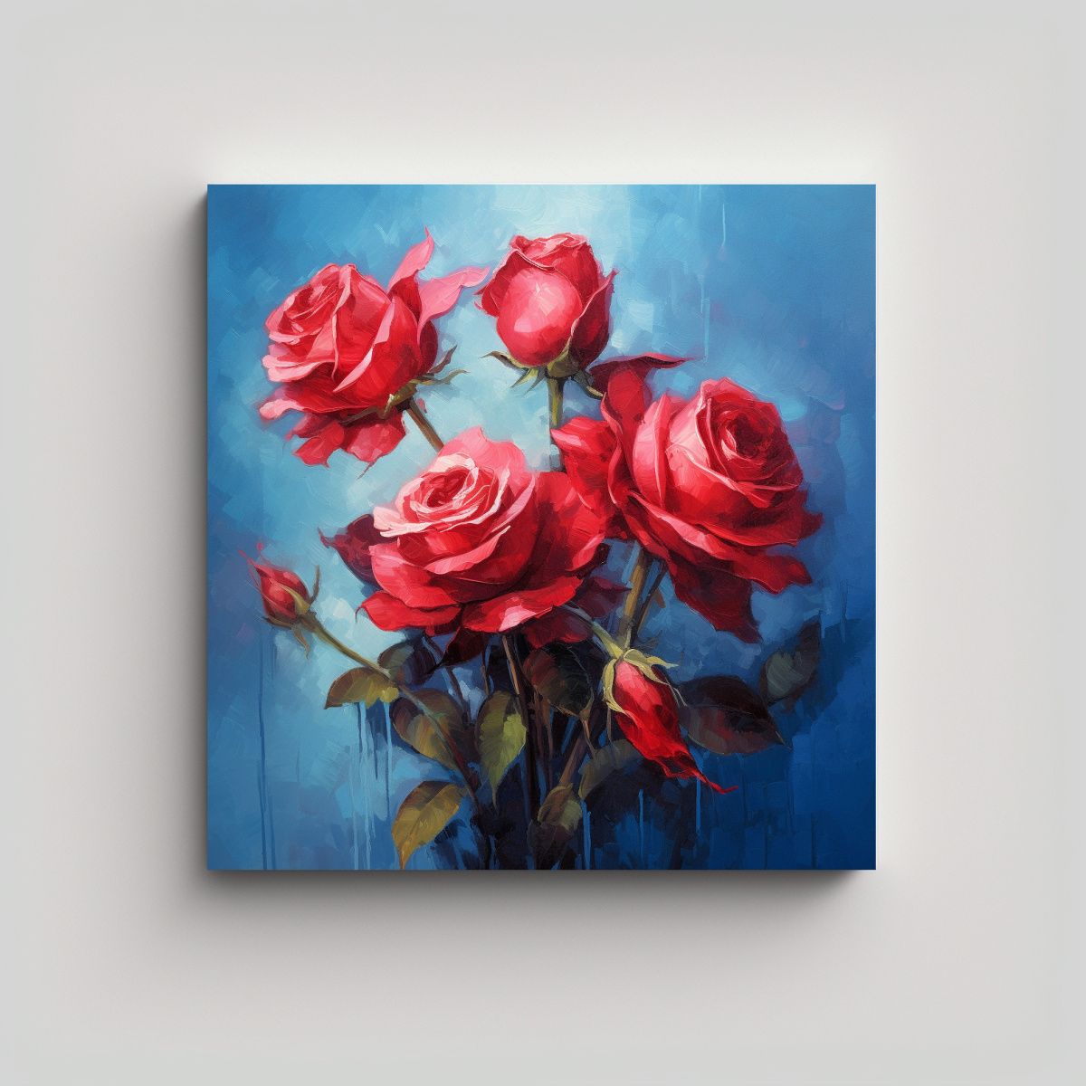 GENERICO - Cuadro Exuberante De Rosas Rojas En Fondo Azul 100x100 Cm