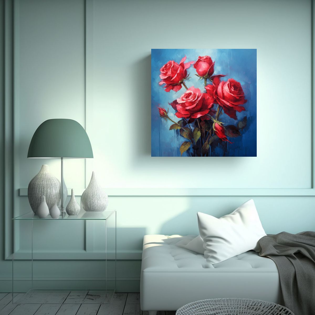 GENERICO - Cuadro Exuberante De Rosas Rojas En Fondo Azul 100x100 Cm