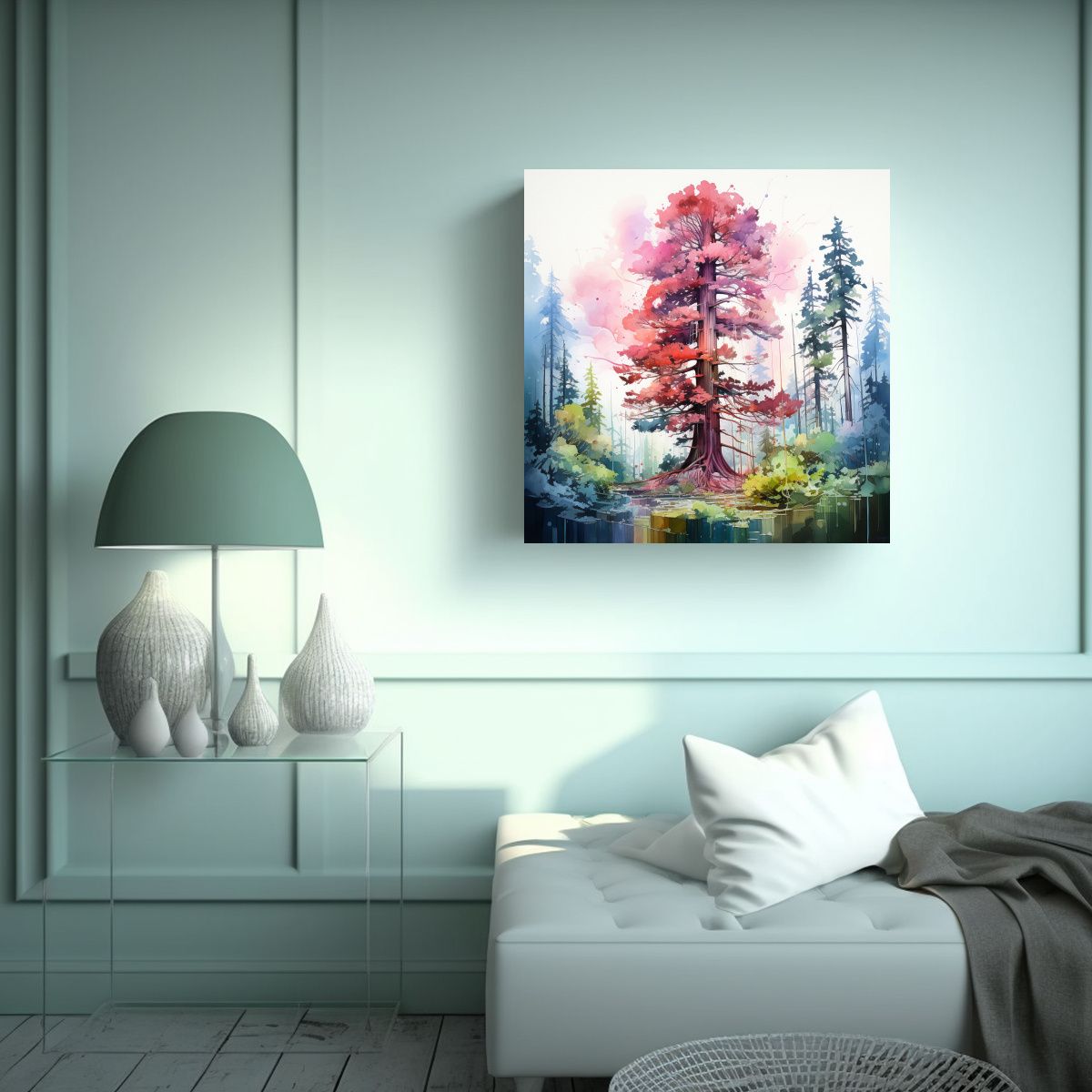 GENERICO - Pintura Abstracta De Un árbol Rojo Y Azul En 100x100 Cm