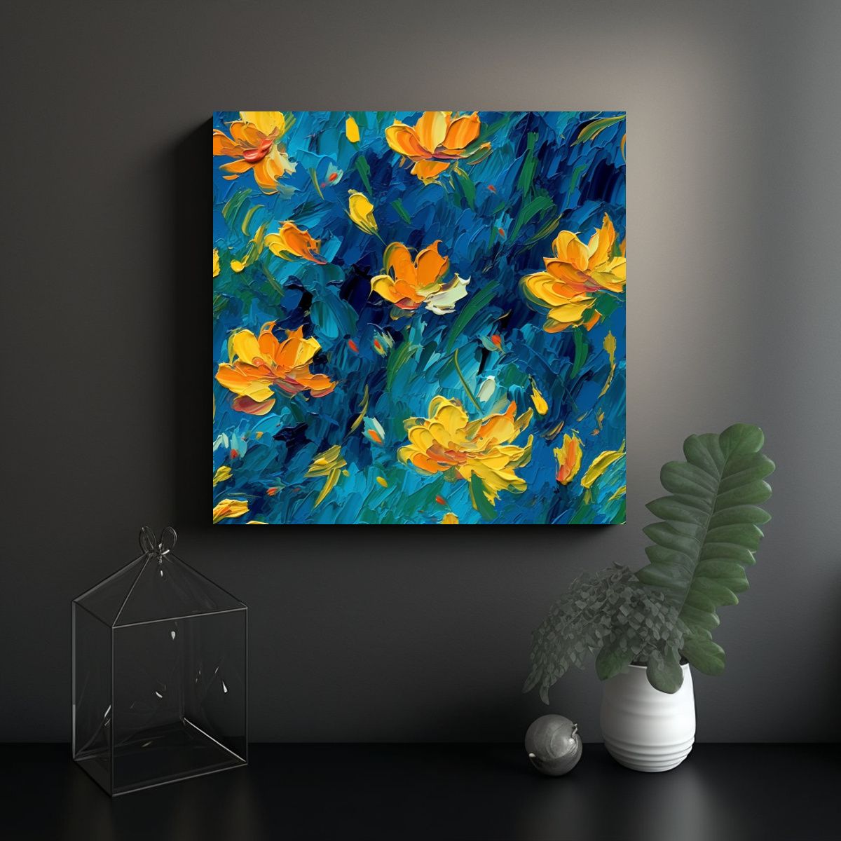 GENERICO - Cuadro Flores Estilo Van Gogh Líneas Finas 100x100 Cm