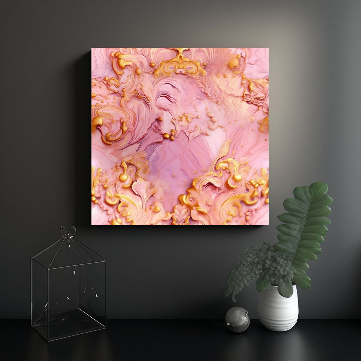 GENERICO - Cuadro Tela Tonos Lineales Rosa Y Dorado Estilo 100x100 Cm