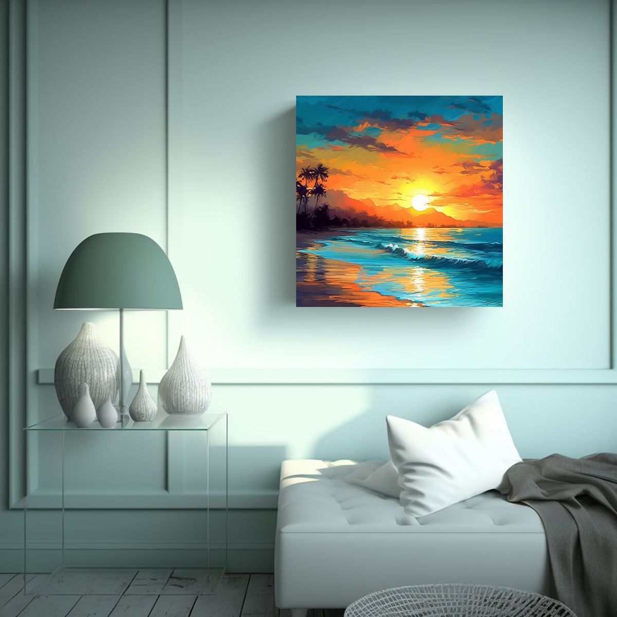 GENERICO - Cuadro De Playa Al Atardecer En Bastidor De Tela 100x100 Cm