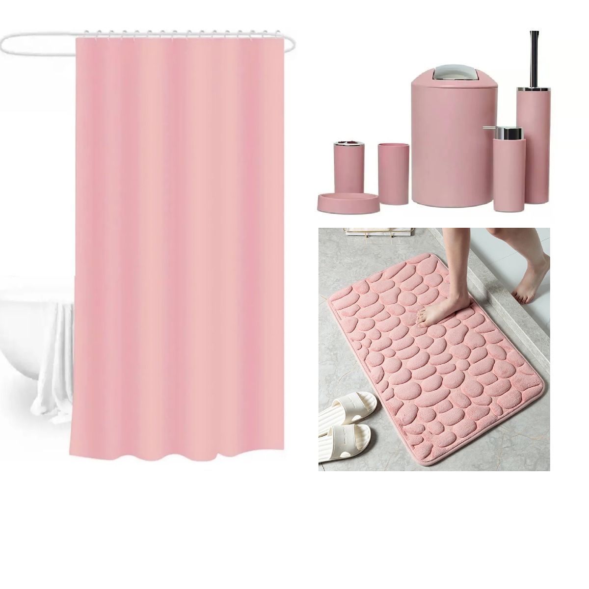 CARIBEE - Set de Baño Rosado 8 piezas Cotina Alfombra Organizador
