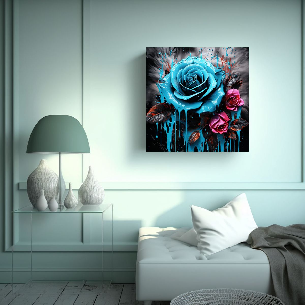 GENERICO - Cuadro Abstracto único Rosas Turquesa Y Negro 100x100 Cm