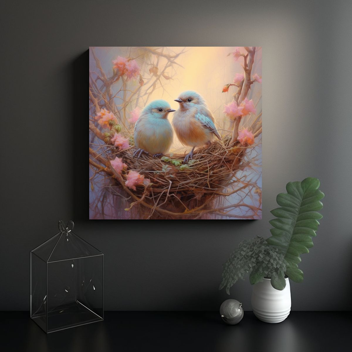 GENERICO - Pintura De Pared Con Aves En Nido Ramas Tonos 100x100 Cm