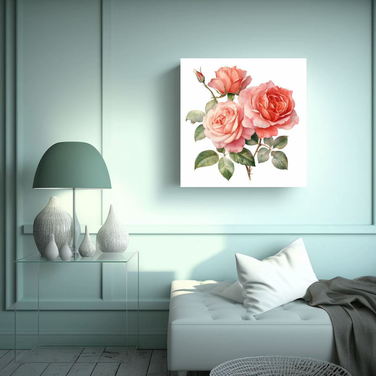 GENERICO - Ilustración Acuarela Rosas Cuadro Tonos Ambiente 100x100 Cm