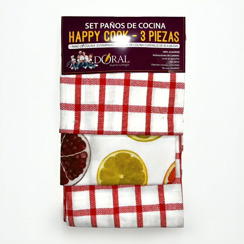 DORAL - Juego 3 Paños de Cocina Happy Cook  Rojo