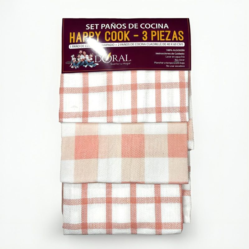 DORAL - Juego Paños de Cocina Happy Cook Rosa
