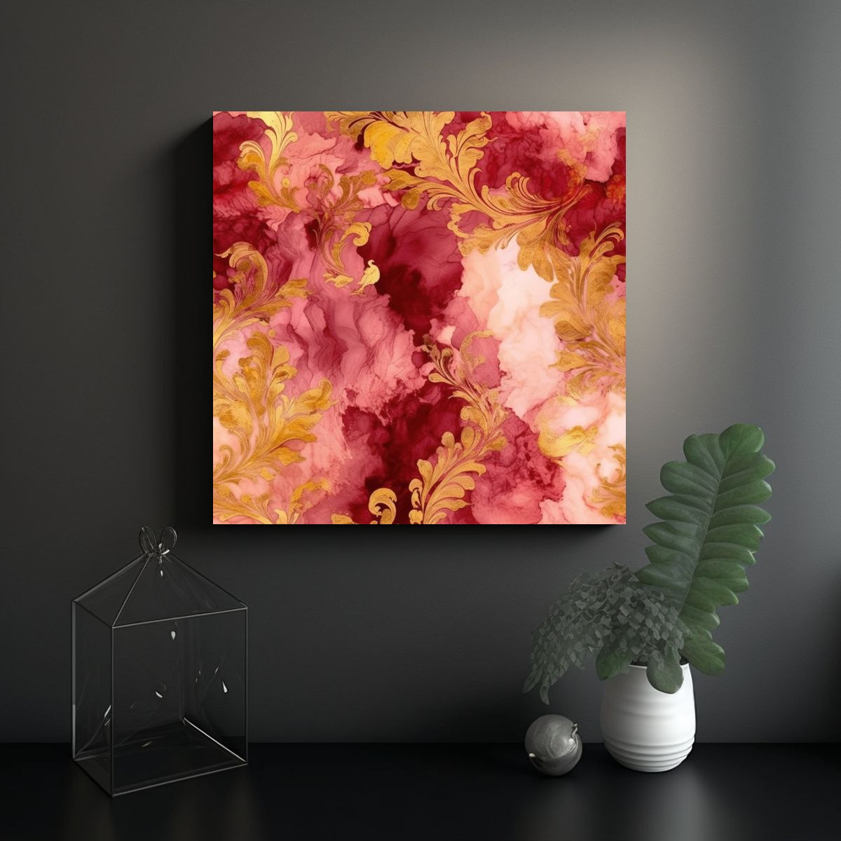 GENERICO - Cuadro Arte Grafico Dorado Y Rubí Estilo Barroco 100x100 Cm