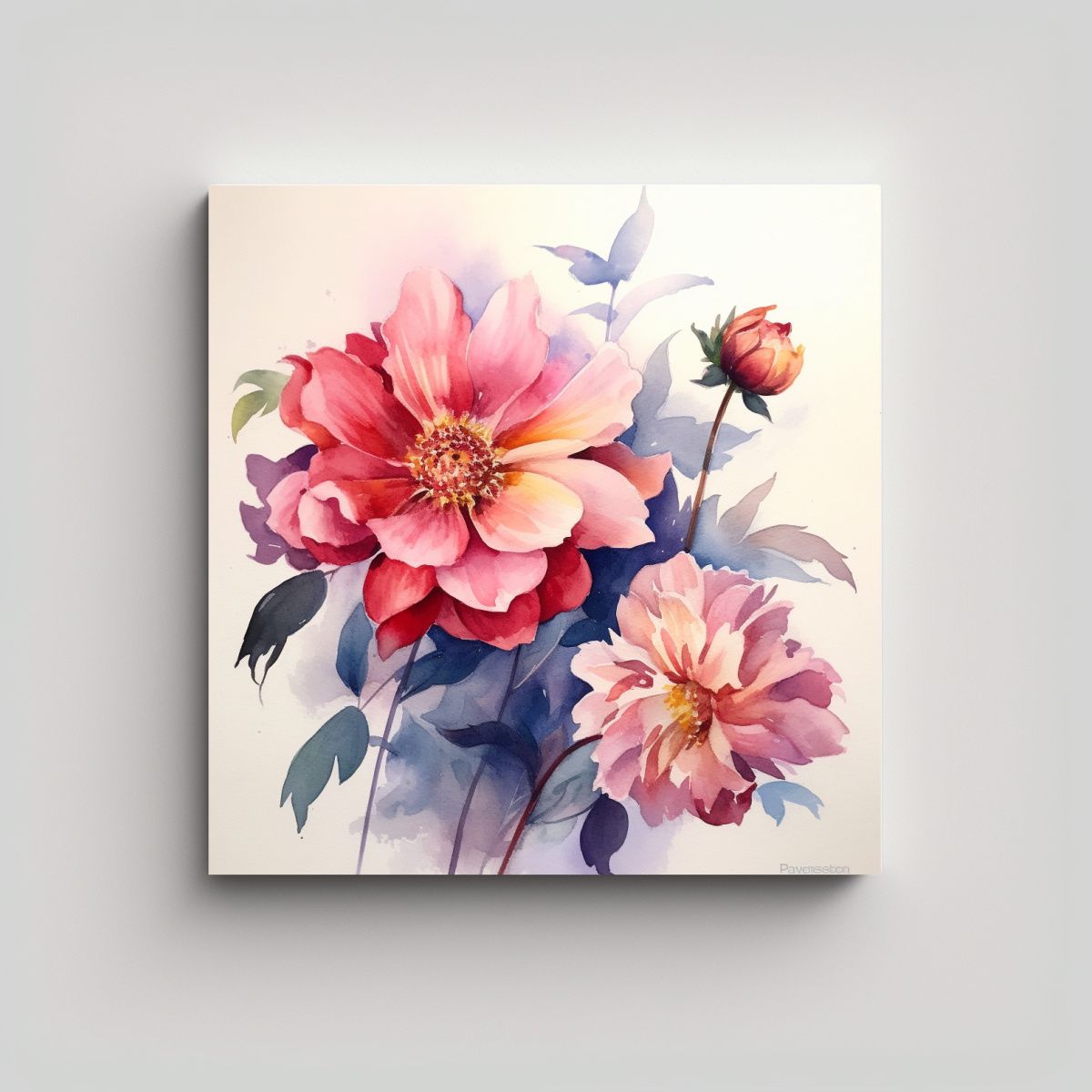 GENERICO - Composición Dinámica De Flores Acuarela Arte 100x100 Cm