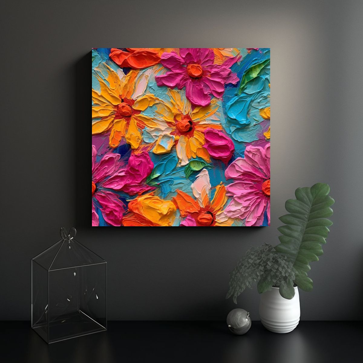 GENERICO - Pintura De Flores Vibrantes Con Espátula Sobre 100x100 Cm