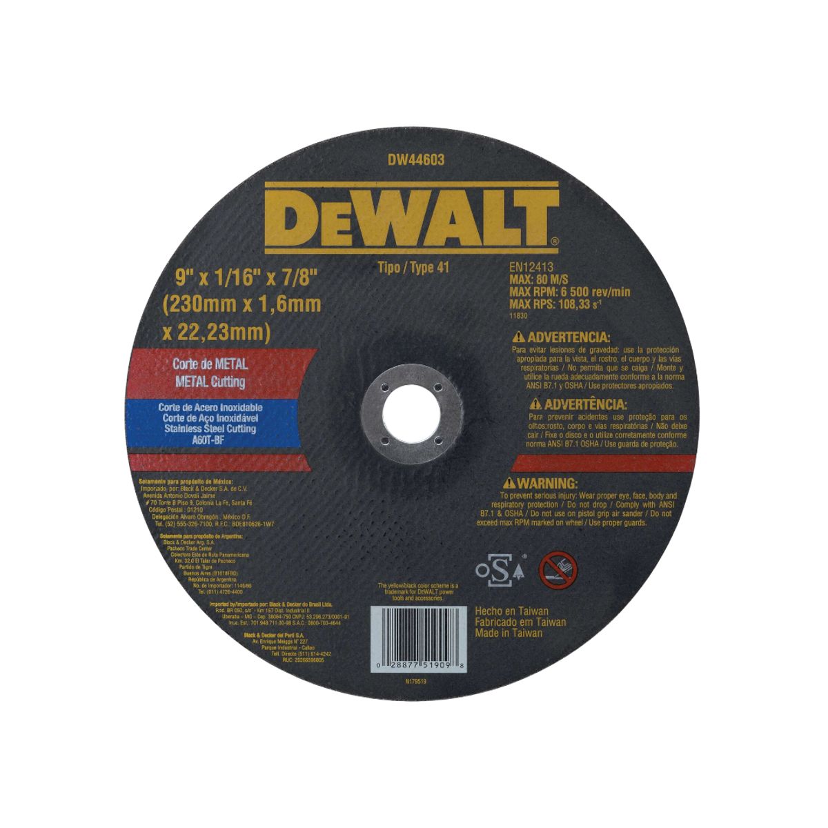 DEWALT - Pack 5 Disco Corte De Metal 9 X 1/16 Dewalt Dw44603 Negro