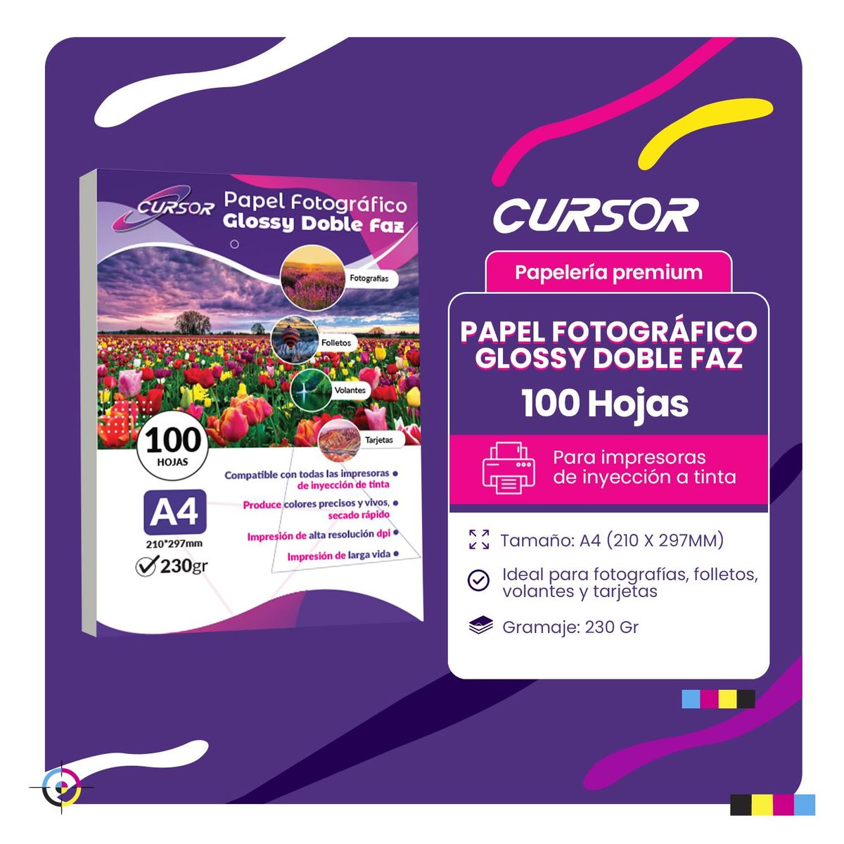 CURSOR - Papel Fotográfico Glossy Doble Faz A4 230gr 100Hojas