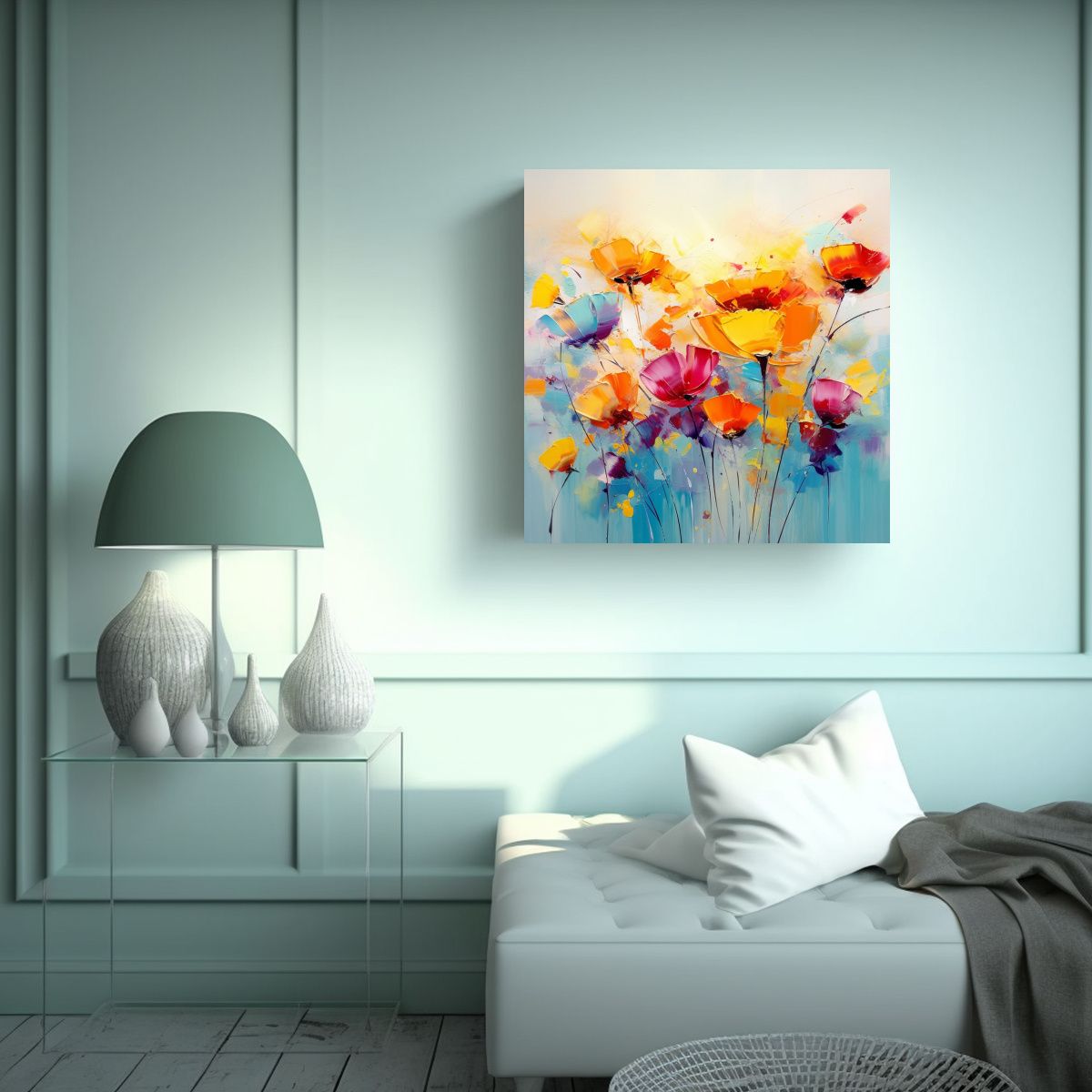 GENERICO - Tela Bastidor Fantasia Flores Coloridas Sobre 100x100 Cm