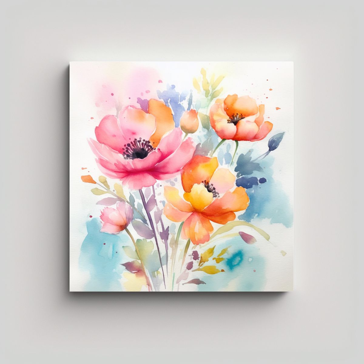GENERICO - Cuadro Urbano Calido Con Floral Acuarela Pastel 100x100 Cm