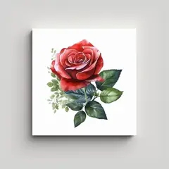 GENERICO - Cuadro De Rosa Roja Y Hojas Verdes En Acuarela - 100x100 Cm