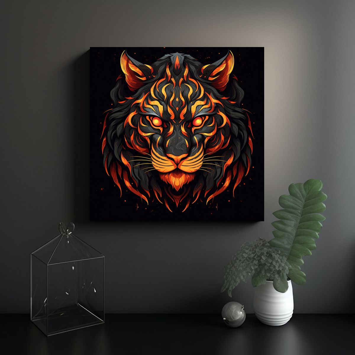 GENERICO - Cuadro Abstracto De Tigre Negro Sobre Fondo Oscuro 100x100 Cm