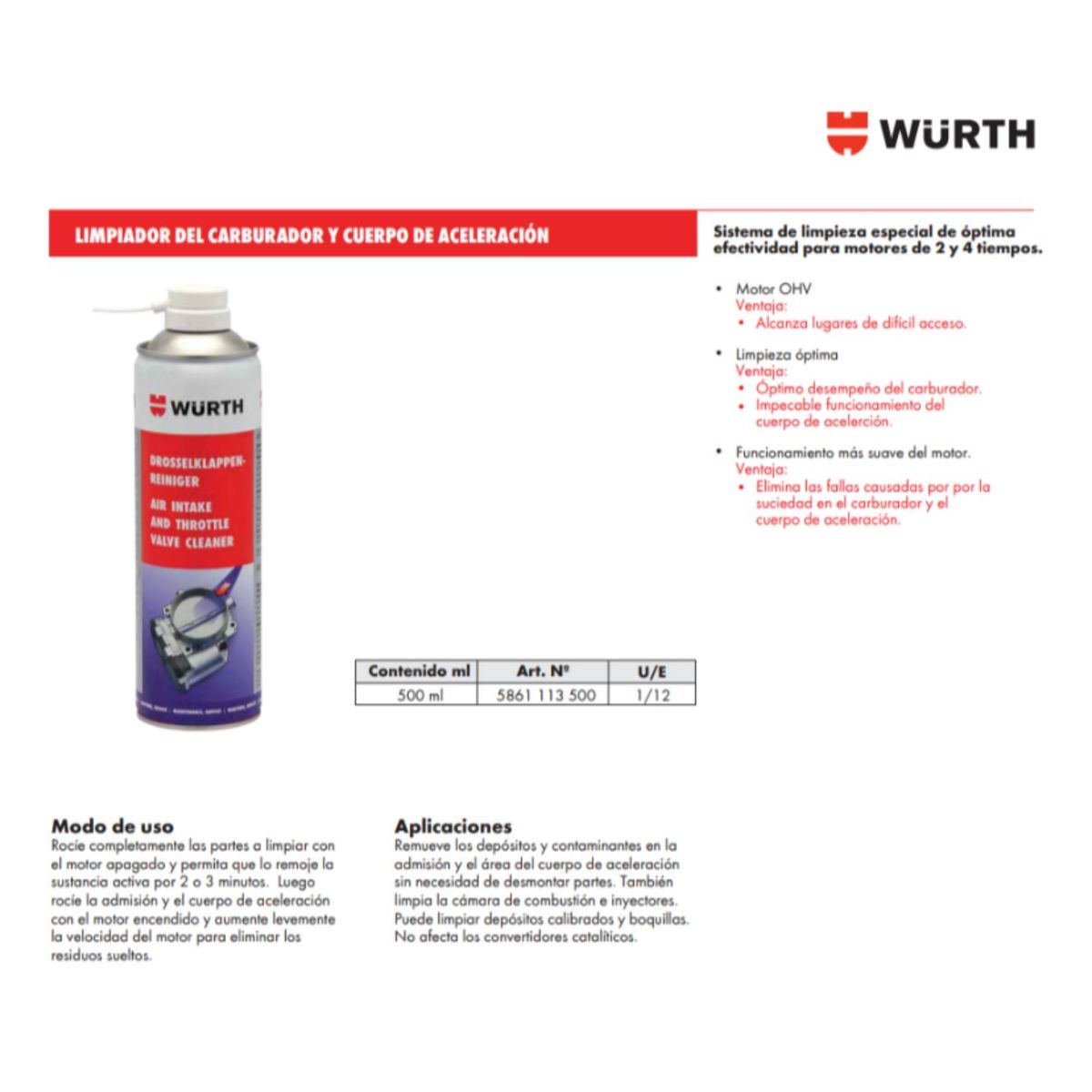 WURTH - Limpiador Cuerpo de Aceleración y Admisión Wurth 500 Ml.