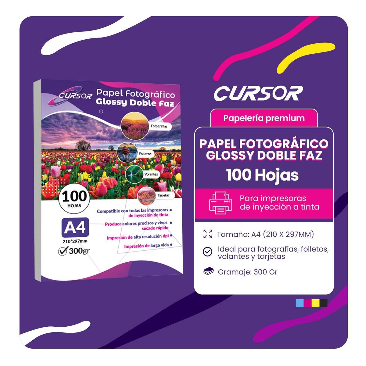 CURSOR - Papel Fotográfico Glossy Doble Faz A4 300gr 100Hojas