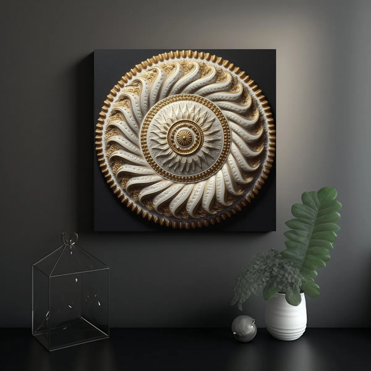 GENERICO - Cuadro Espiral Alienígena Blanco Y Dorado 100x100 Cm