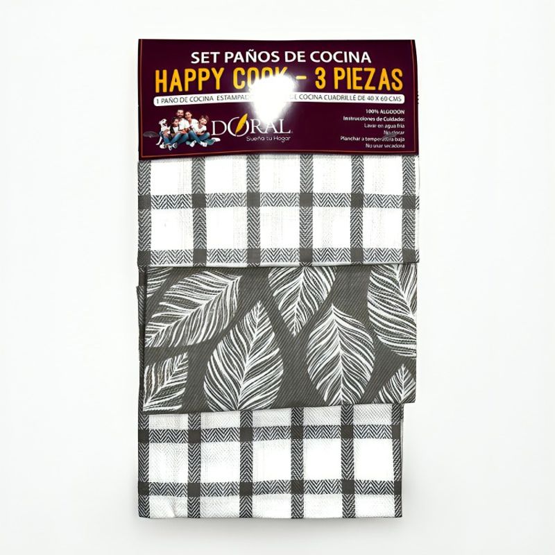 DORAL - Juego 3 Paños de Cocina Happy Cook Gris