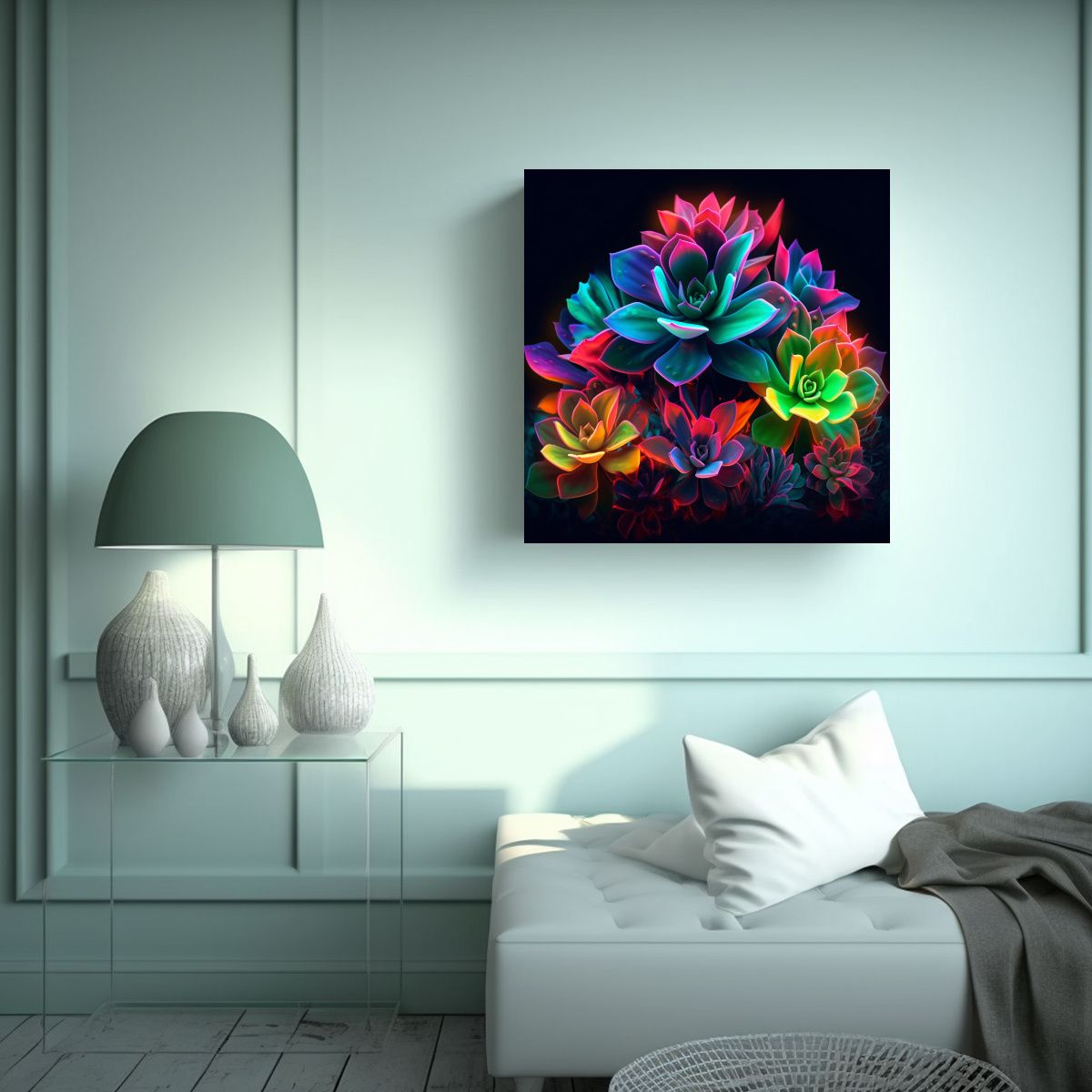 GENERICO - Cuadros Decorativos De Suculentas Neon Y Textura 100x100 Cm