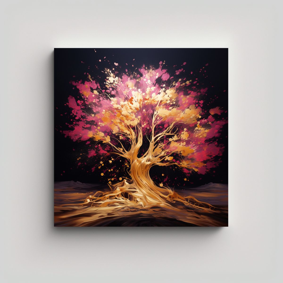 GENERICO - Cuadro De Temática árbol En Dorado Y Rosa Con 100x100 Cm