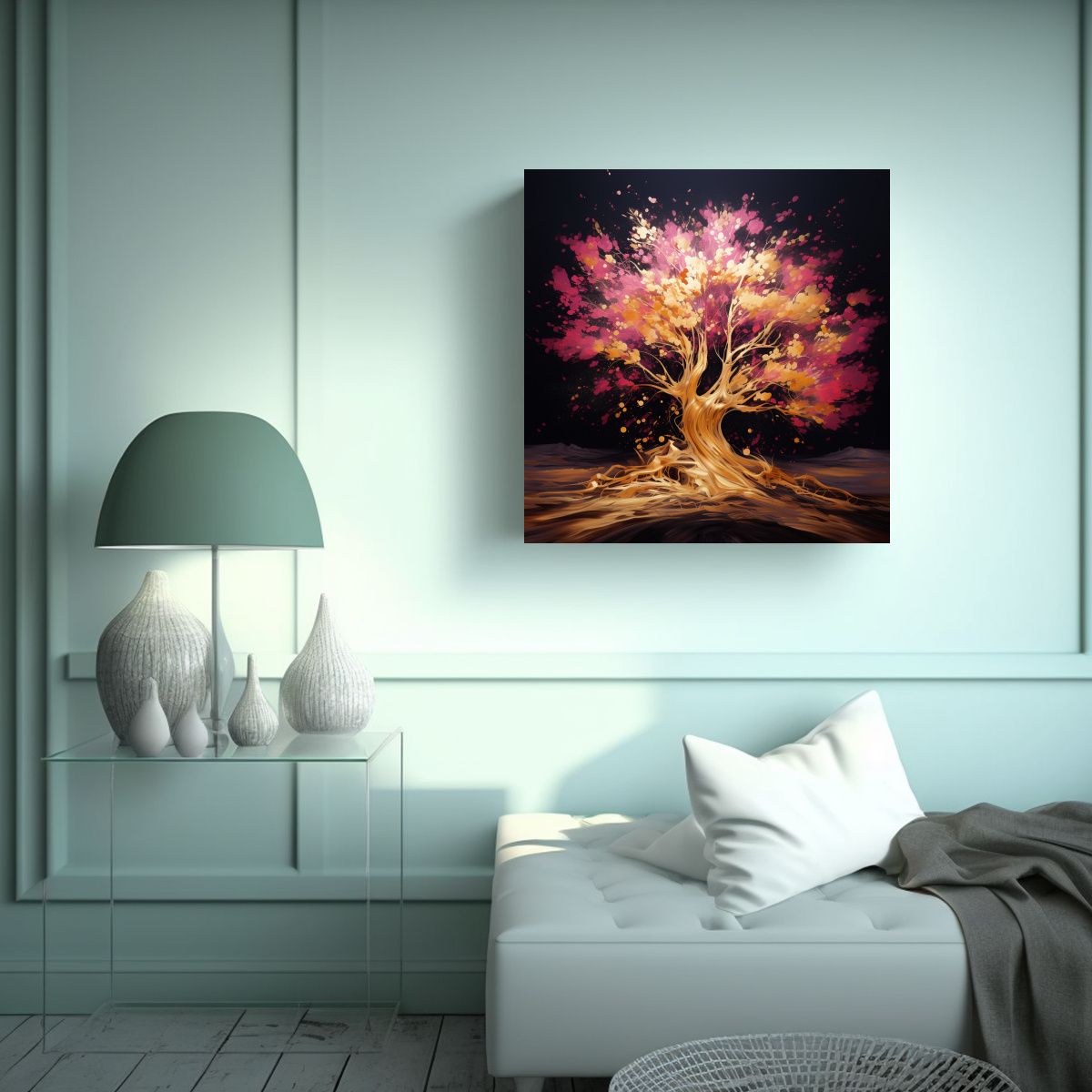GENERICO - Cuadro De Temática árbol En Dorado Y Rosa Con 100x100 Cm