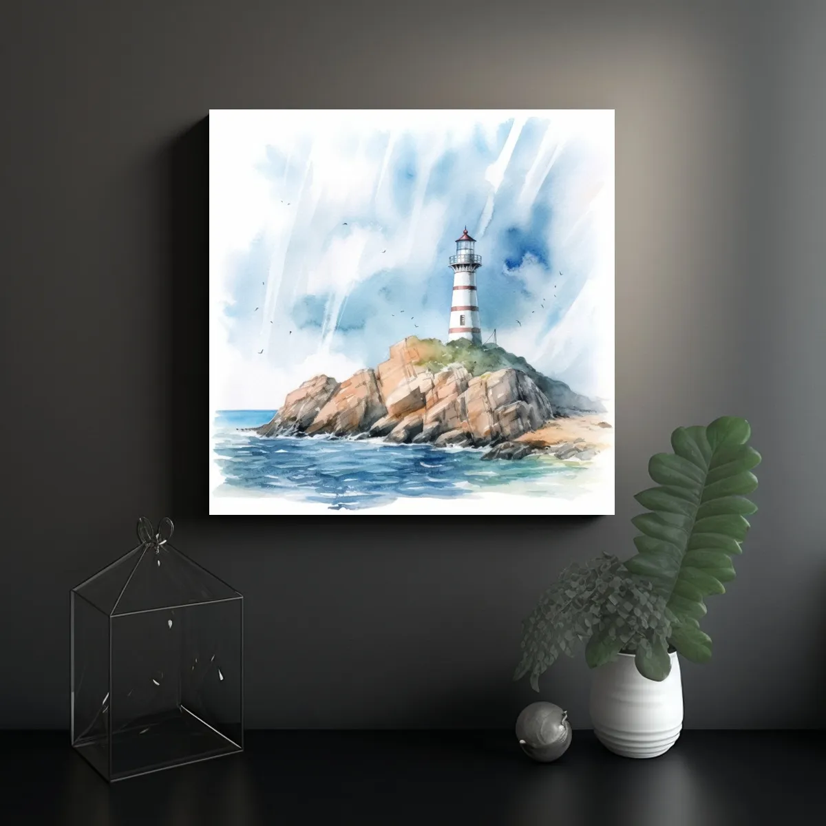 GENERICO - Cuadro Paisaje Acuarela Faro Mar Nubes Estilo 100x100 Cm