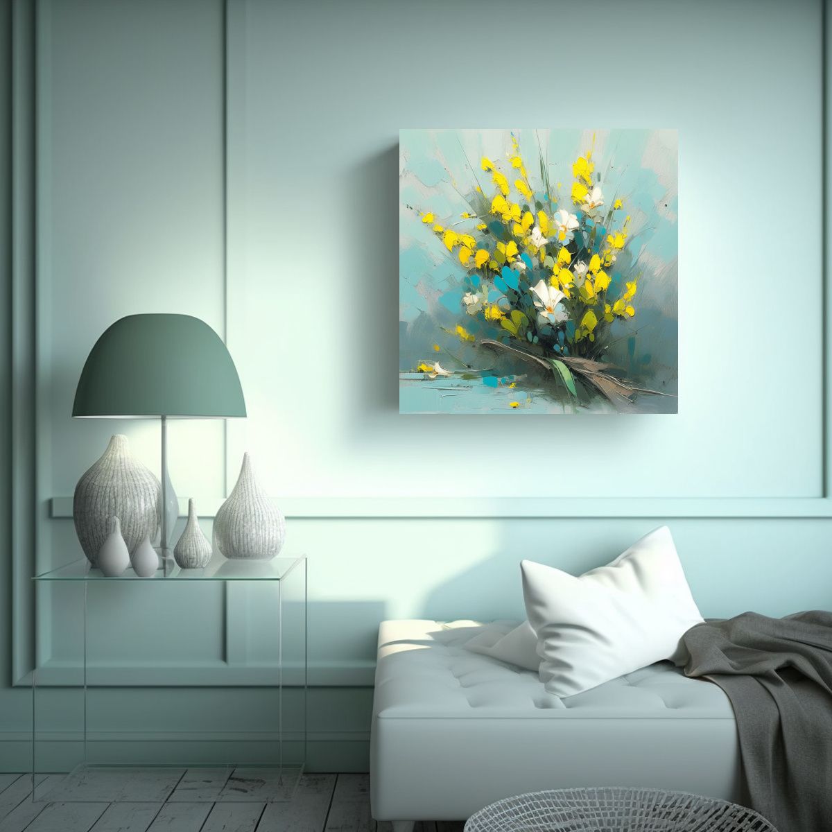 GENERICO - Pintura Lienzo Amarillo Y Cian Flores Con 100x100 Cm