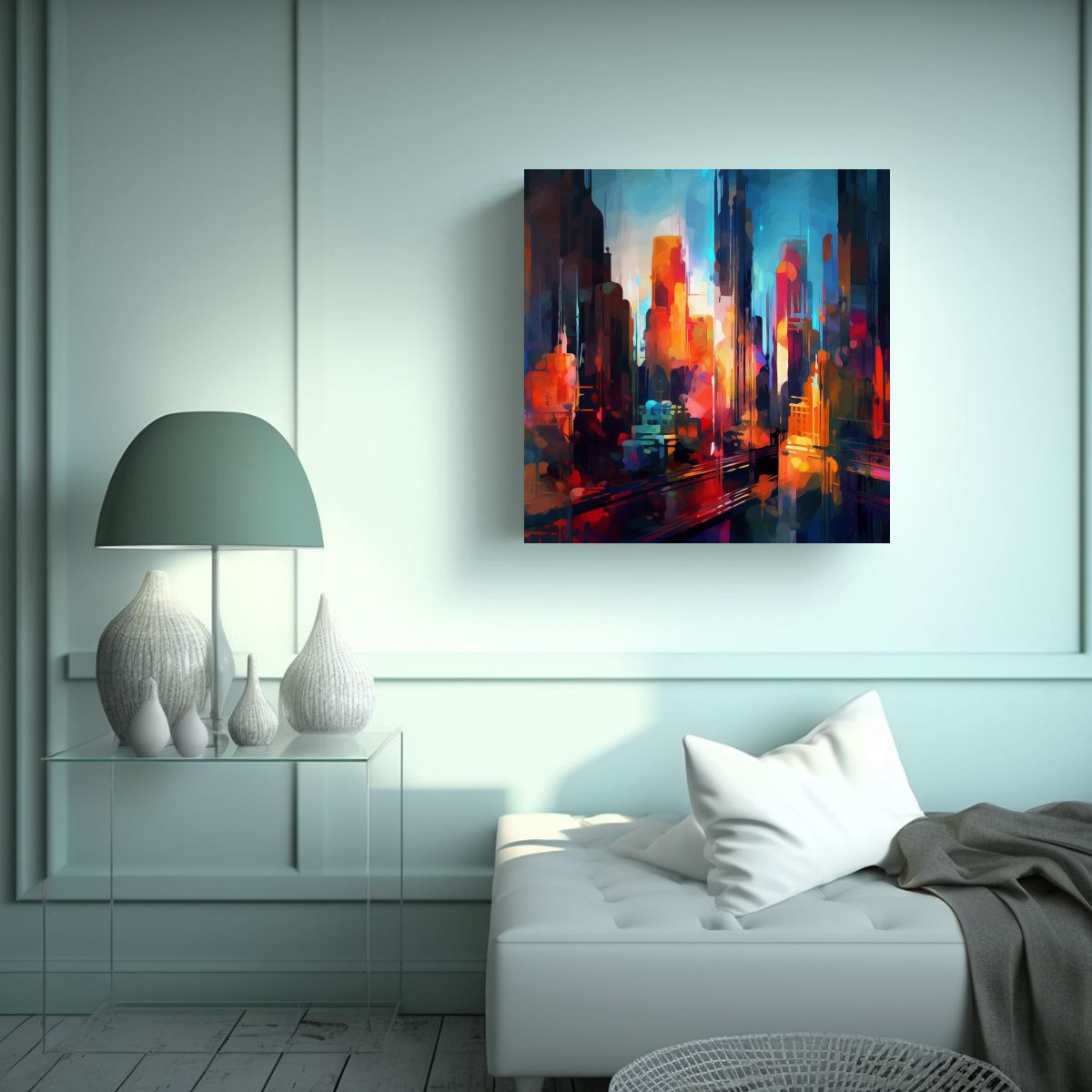 GENERICO - Cuadro Abstracto De Skyline Incorporando Detalles 100x100 Cm