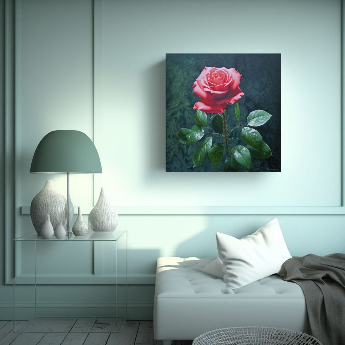 GENERICO - Cuadro Decorativo Abstracto Rosa Con Hoja Verde 100x100 Cm