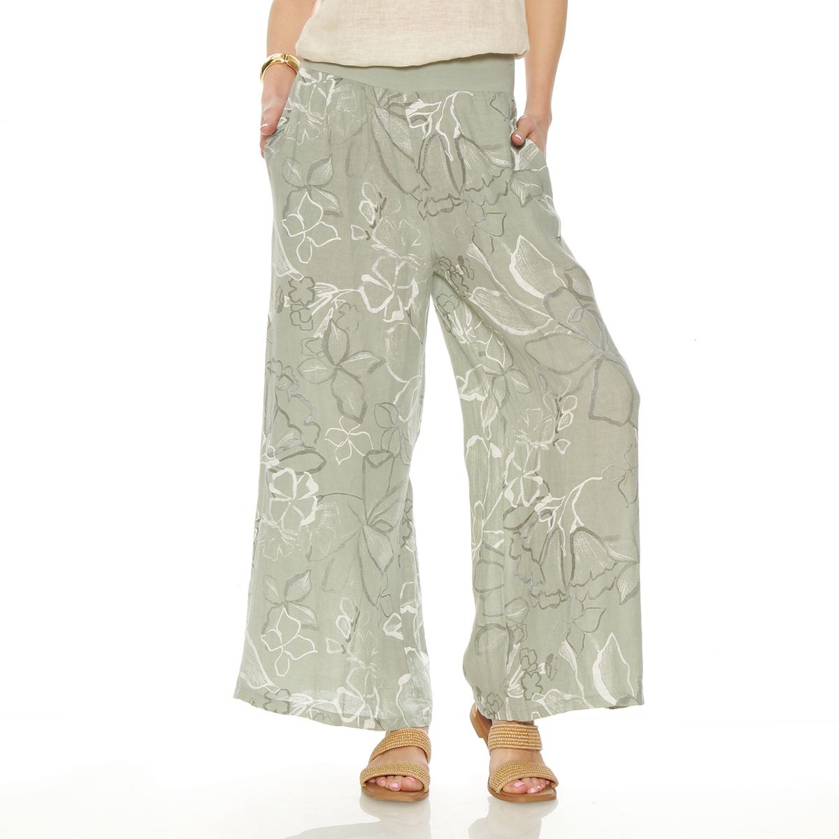 WADOS - PANTALON WIDE LEG LINO ESTAMPADO TIRO ALTO PRETINA ELASTICADA