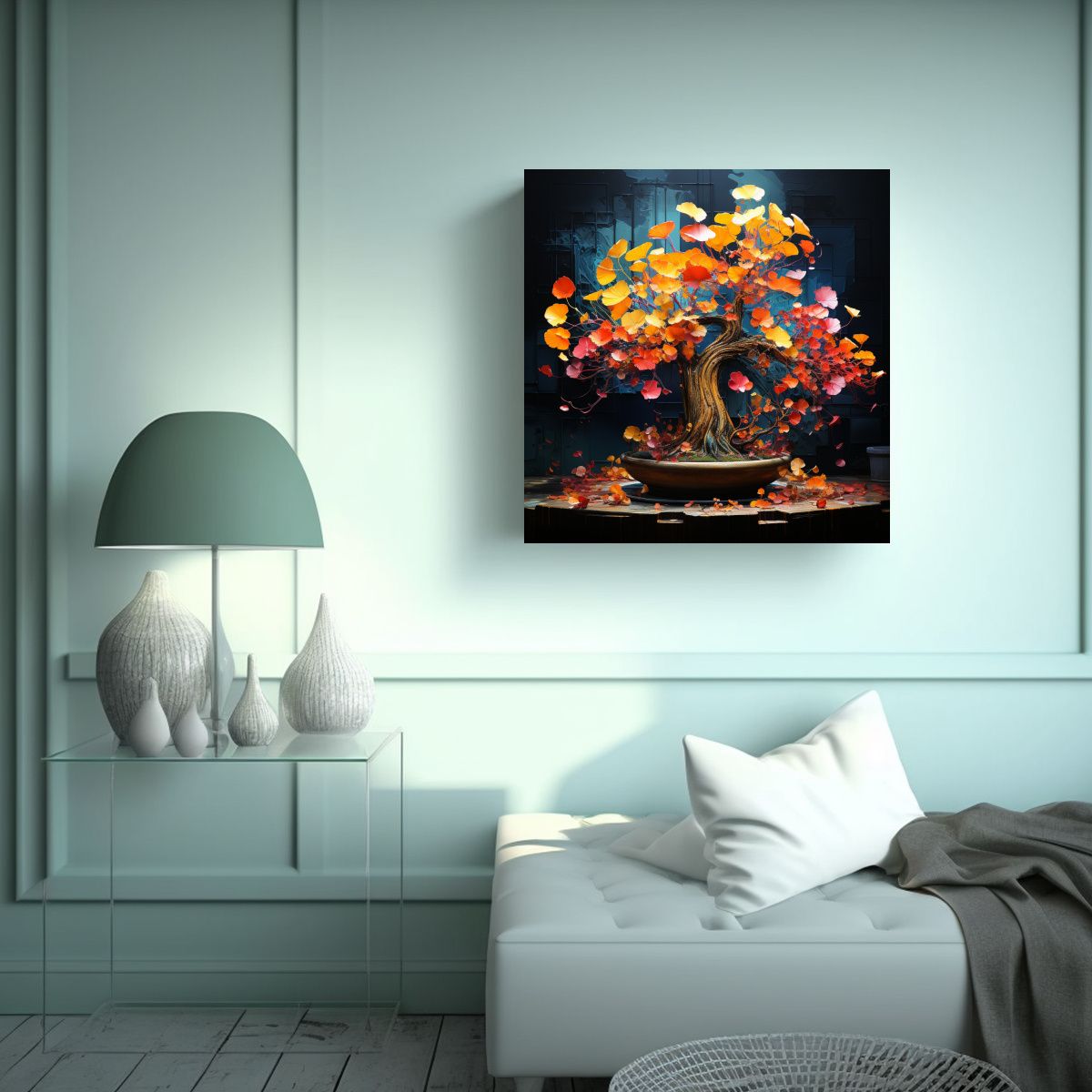 GENERICO - Cuadro Impreso Ginkgo Biloba Bonsái En Rojo Y 100x100 Cm