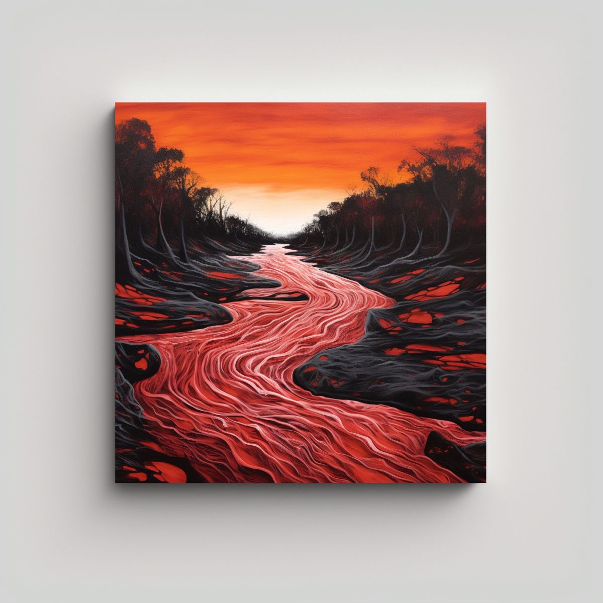 GENERICO - Pintura Río Rojo Y Negro Reflejado Cuadro De 100x100 Cm