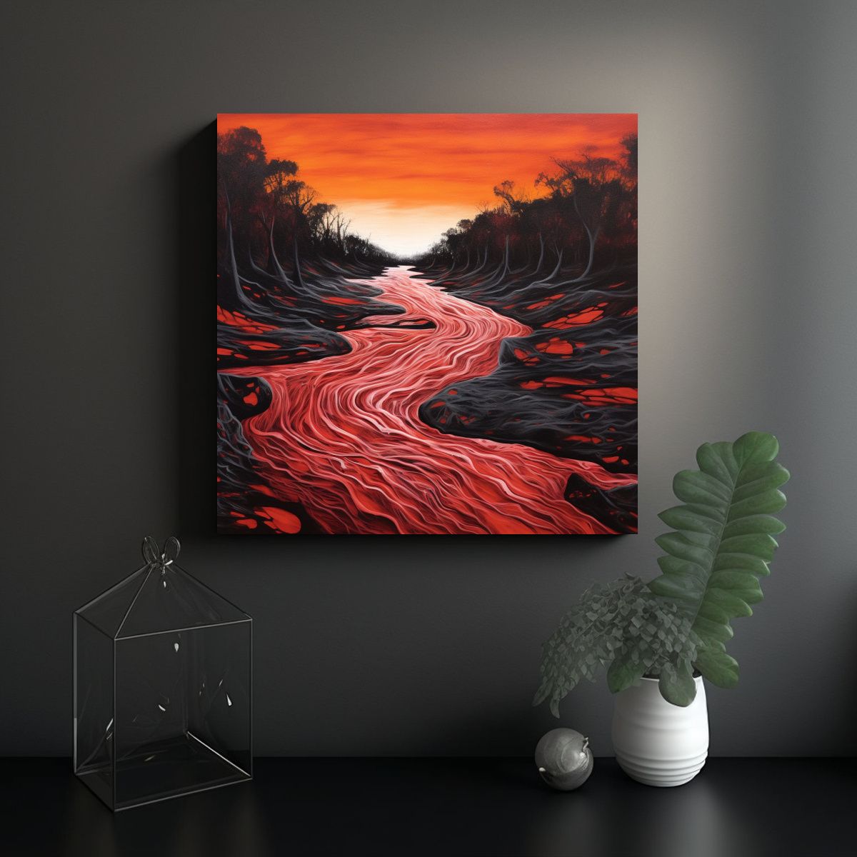 GENERICO - Pintura Río Rojo Y Negro Reflejado Cuadro De 100x100 Cm