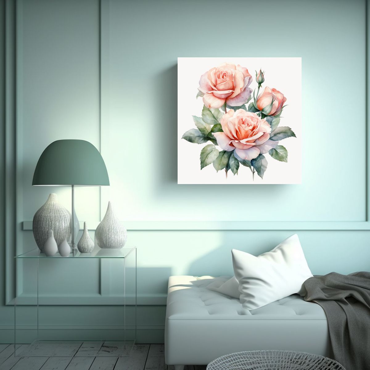 GENERICO - Minimalismo De Rosas En Acuarela Tela En Bastidor 100x100 Cm