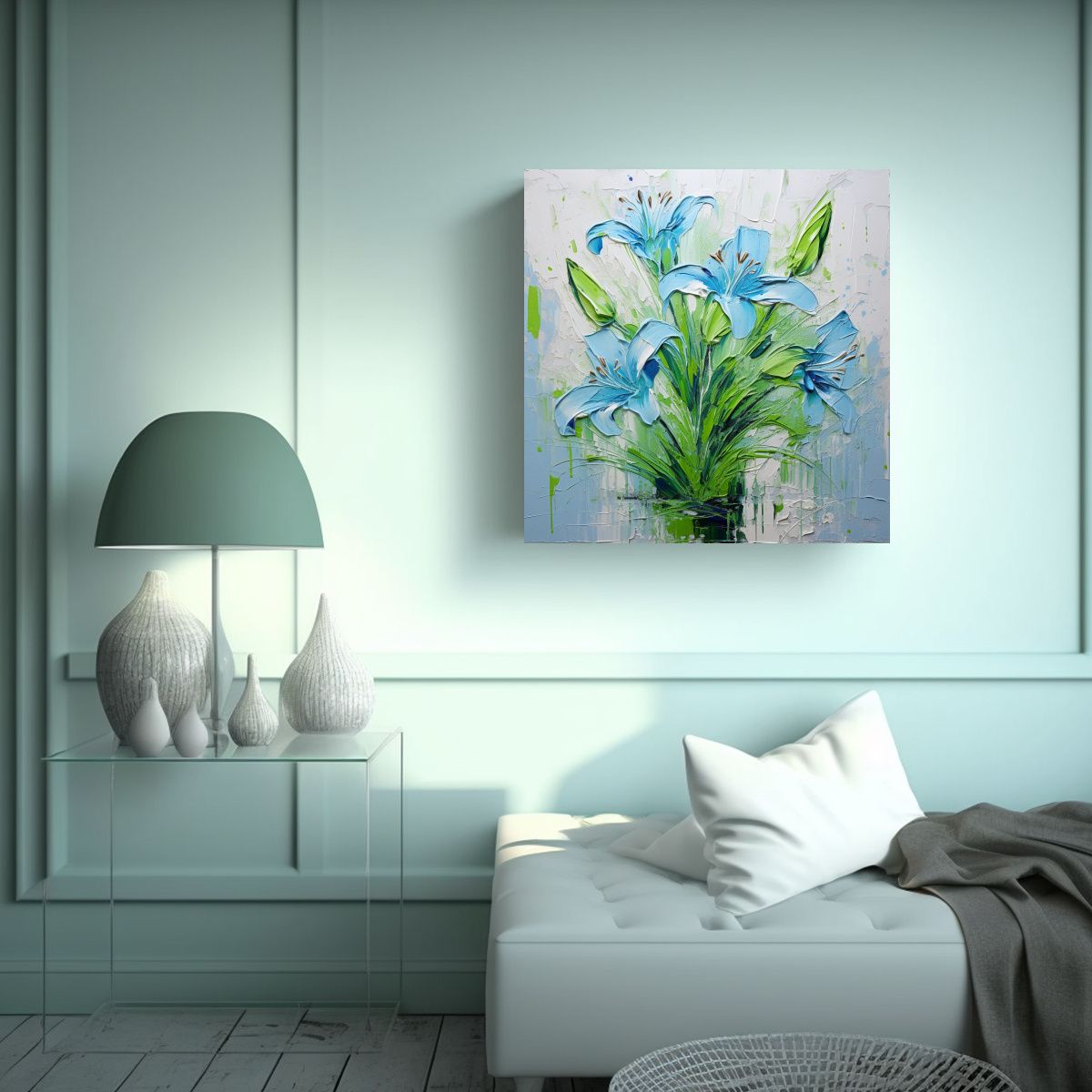 GENERICO - Pintura De Flores En Lienzo En Tonos Verdes Y 100x100 Cm